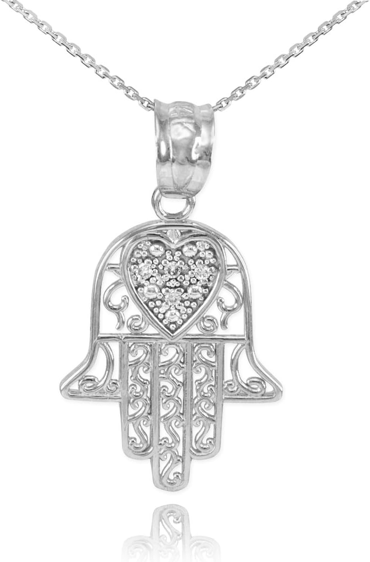 Fine 925 Sterling Silver CZ-Accented Heart Filigree-Style Hamsa Pendant Necklace