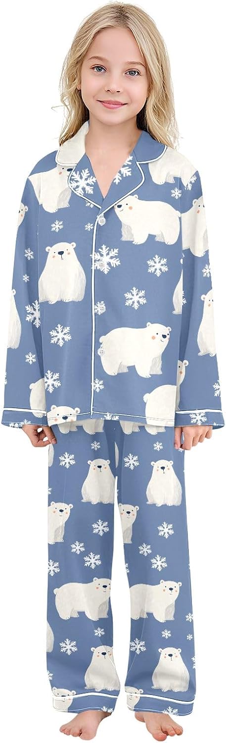 Kids Casual Satin Wear Set Northern Bear Snow Flower Unisex Relaxed Fit Clothing