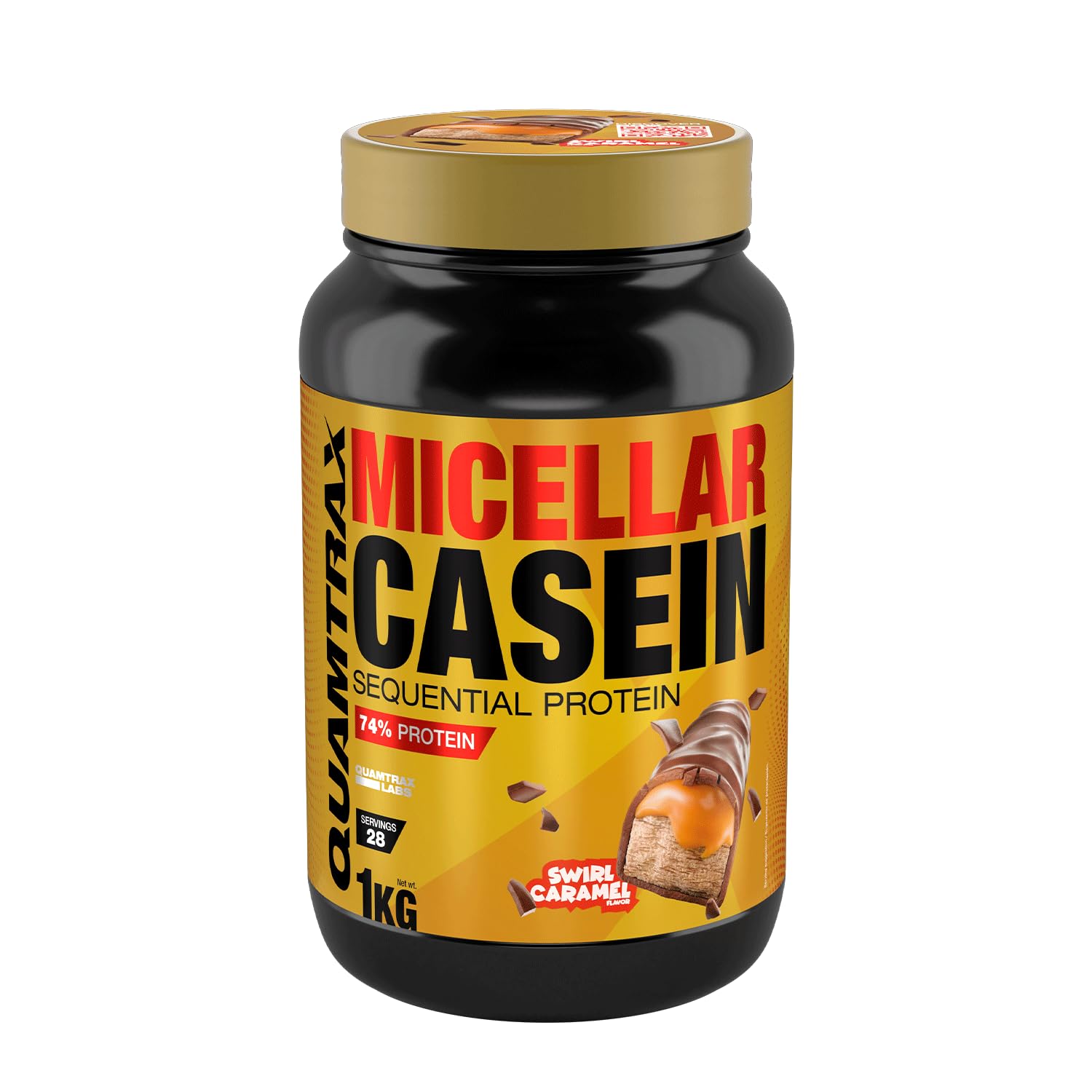 Quamtrax Nutrition - Micellar Casein (Caseína Micelar) - 1 kg - Sabor Swirl Caramel - Alto contenido proteico, absorción lenta y recuperación muscular