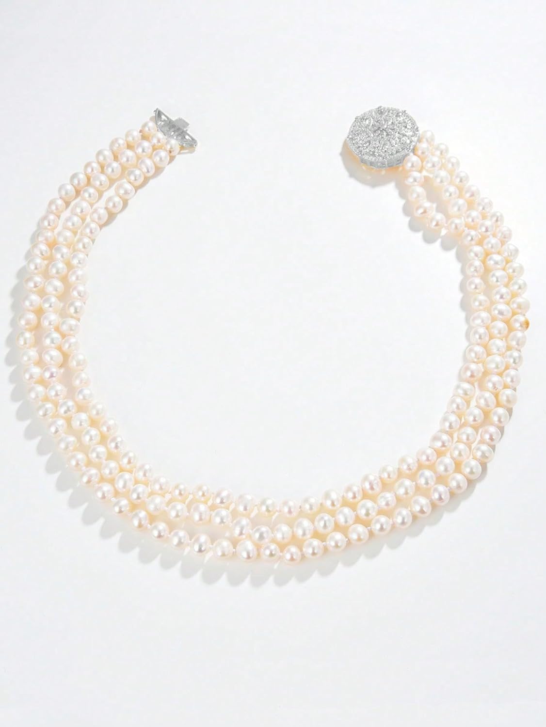 Simple 925 Sterling Silver Natural Freshwater Pearl 3 Strand Necklace for Women Jewelry Gift