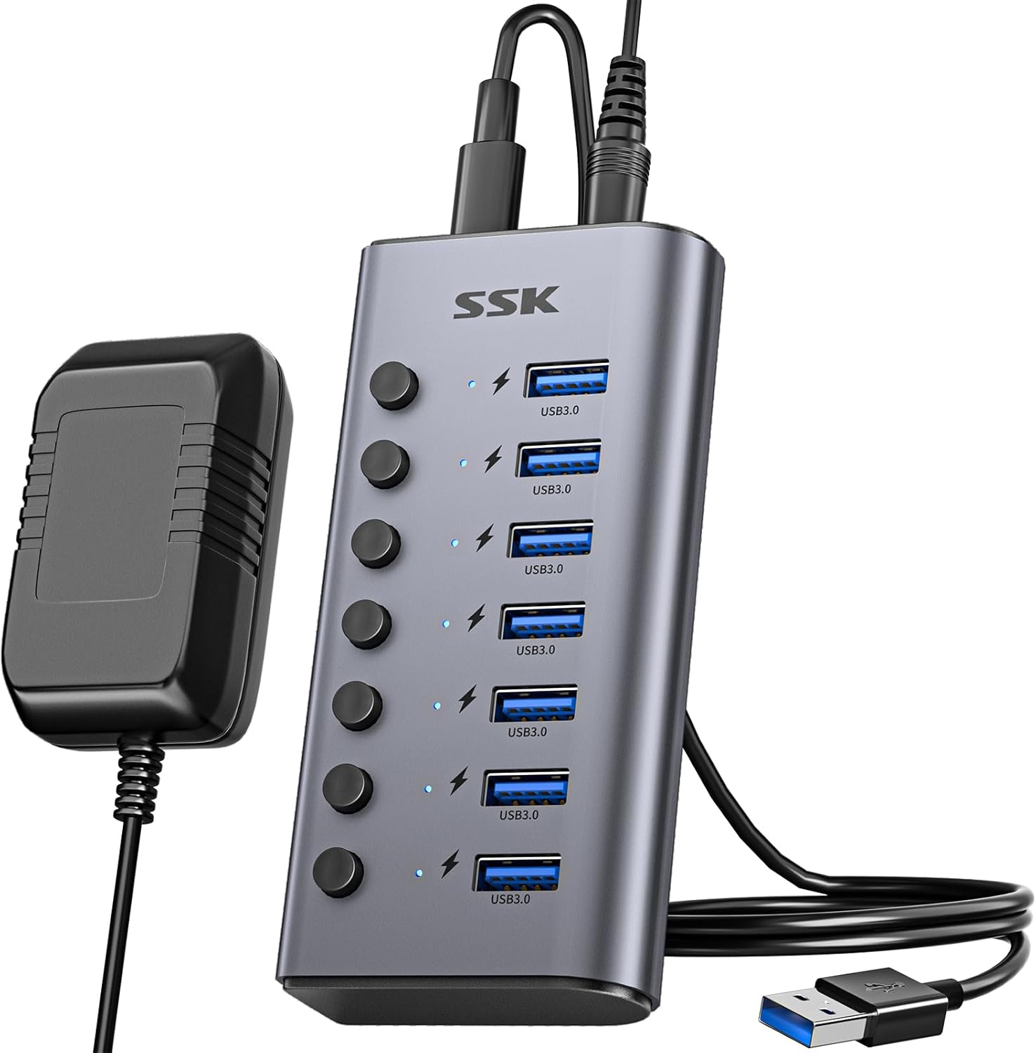 SSK 7-Port Powered USB 3.0 Hub, Aluminum USB Extension Splitter with Individual Power Switches and LEDs,Thunderbolt 3/4 5Gbps Data USB Charging Hub with DC12V3A Adapter and 3.93ft/1.2m Long Cable