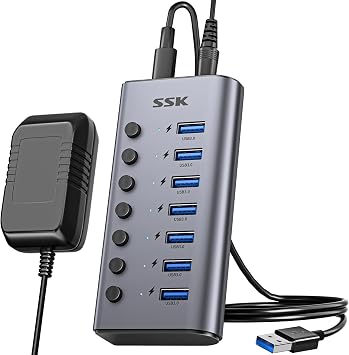 SSK 7-Port Powered USB 3.0 Hub, Aluminum USB Extension Splitter with Individual Power Switches and LEDs,Thunderbolt 3/4 5Gbps Data USB Charging Hub with DC12V3A Adapter and 3.93ft/1.2m Long Cable