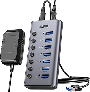 SSK 7-Port USB Hub Aktiv 3.0 mit Netzteil,Aluminium USB Extension Splitter mit individuellen Power-Schaltern und LEDs,für ...