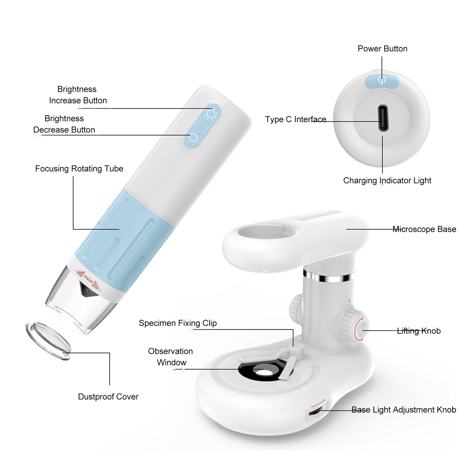 Microscopio Digital para Niños, Microscopio de Bolsillo Portátil 50-1000X 8 Luces LED, Enfoque Manual, Conexión USB WiFi, para Experimentos Científicos, Observación de Plantas,