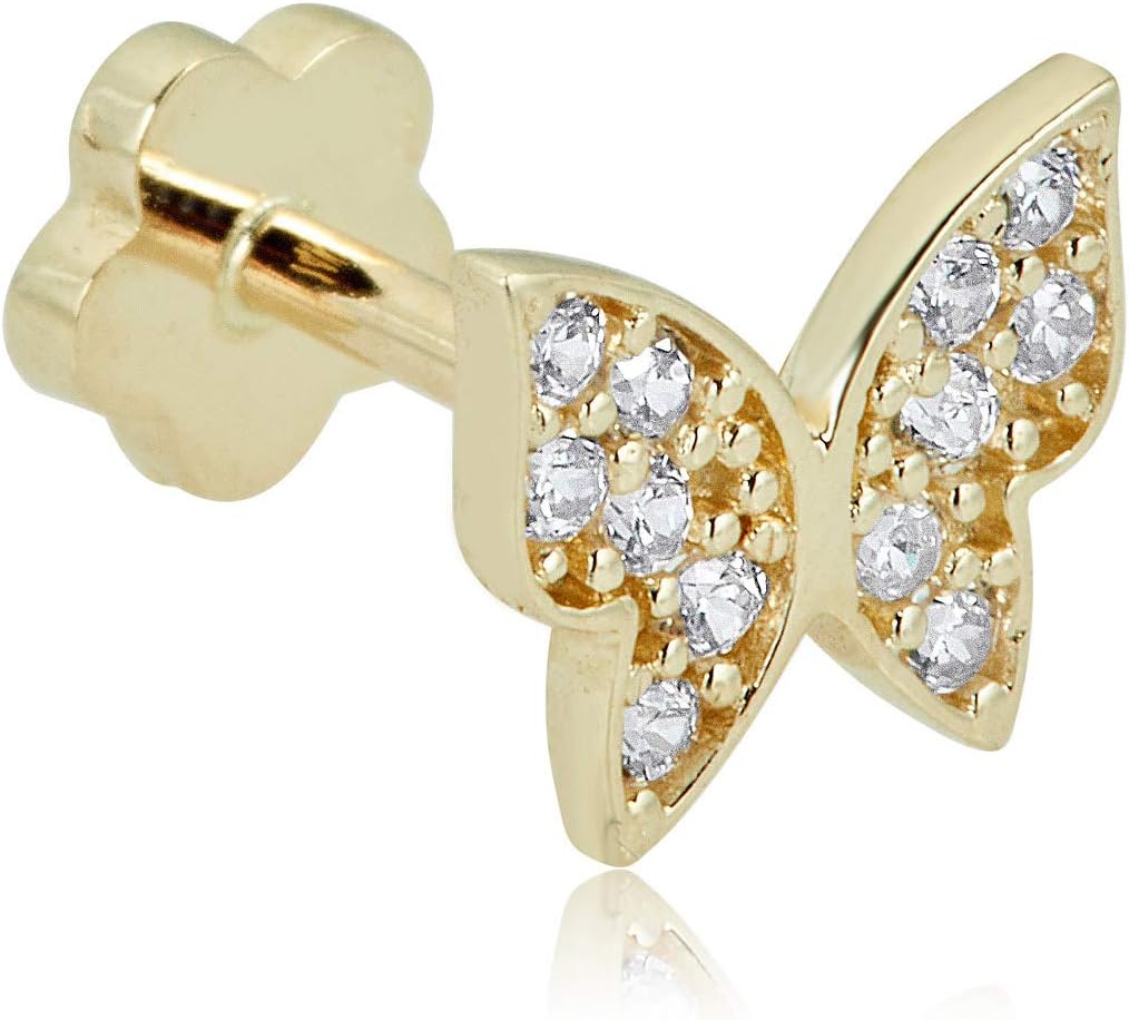 AVORA 14K Gold Simulated Diamond CZ Butterfly Cartilage Piercing Flat Back Earring Body Jewelry (18 Gauge)