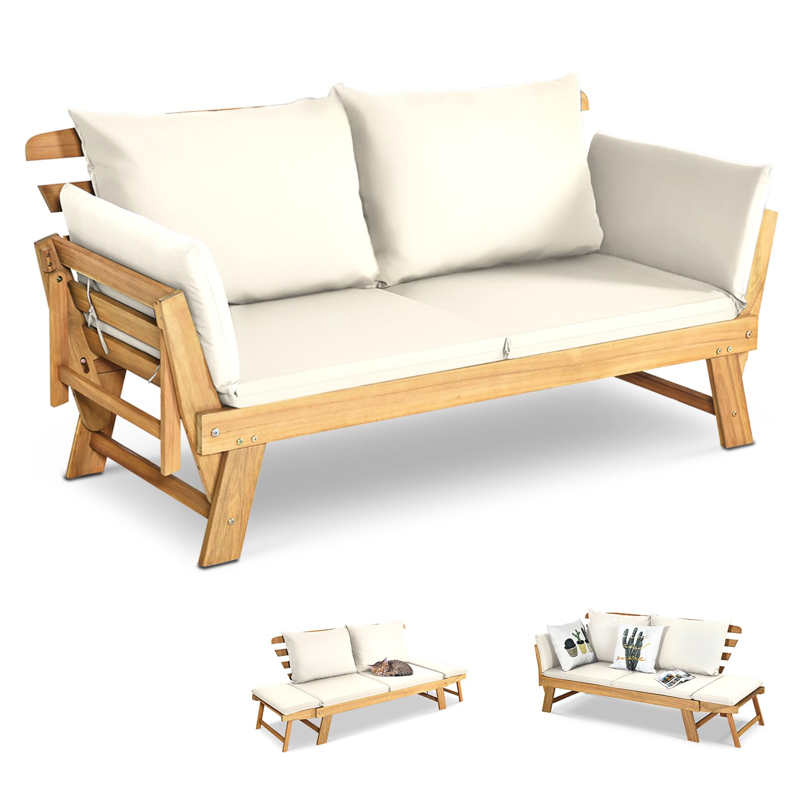 GOPLUS Canapé Lit de Jardin Extensible 2 Places Charge 320 KG, Accoudoirs Réglables, Coussins & Dossier Amovibles, Cadre en Bois d’Acacia Massif, pour Terrasse, Balcon, Parc, Patio (Blanc)