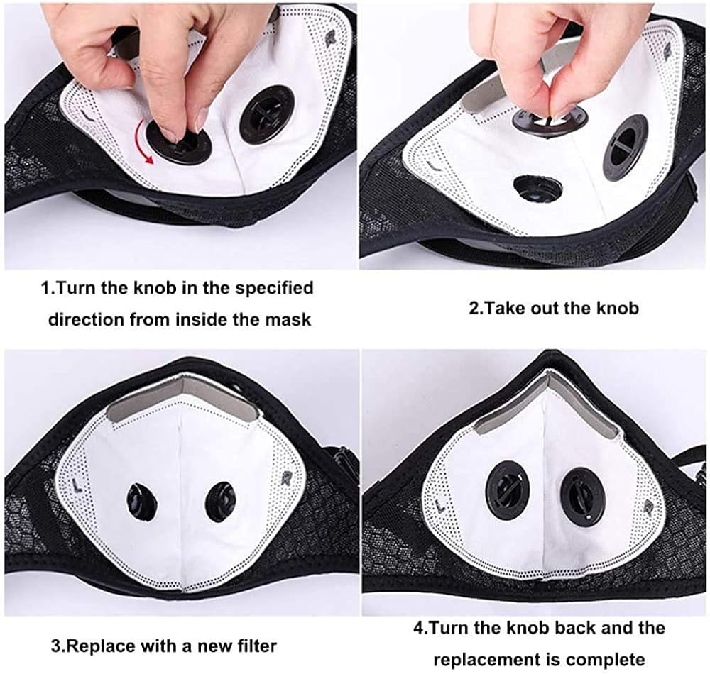 5 Pack Unisex Adjustable Reusable Washable Dust Protect Mouth Cover with 10 Carbon Filters and 10 Breathing Valves for Bicycle Running Riding Cycling Outdoor Sport Black