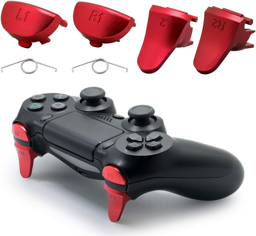TOMSIN Replacement Triggers for PS4 Pro/ PS4 Slim Controller, Aluminum Metal L1 R1 L2 R2 Trigger Buttons for PS4 Controller Gen 2 (Red)