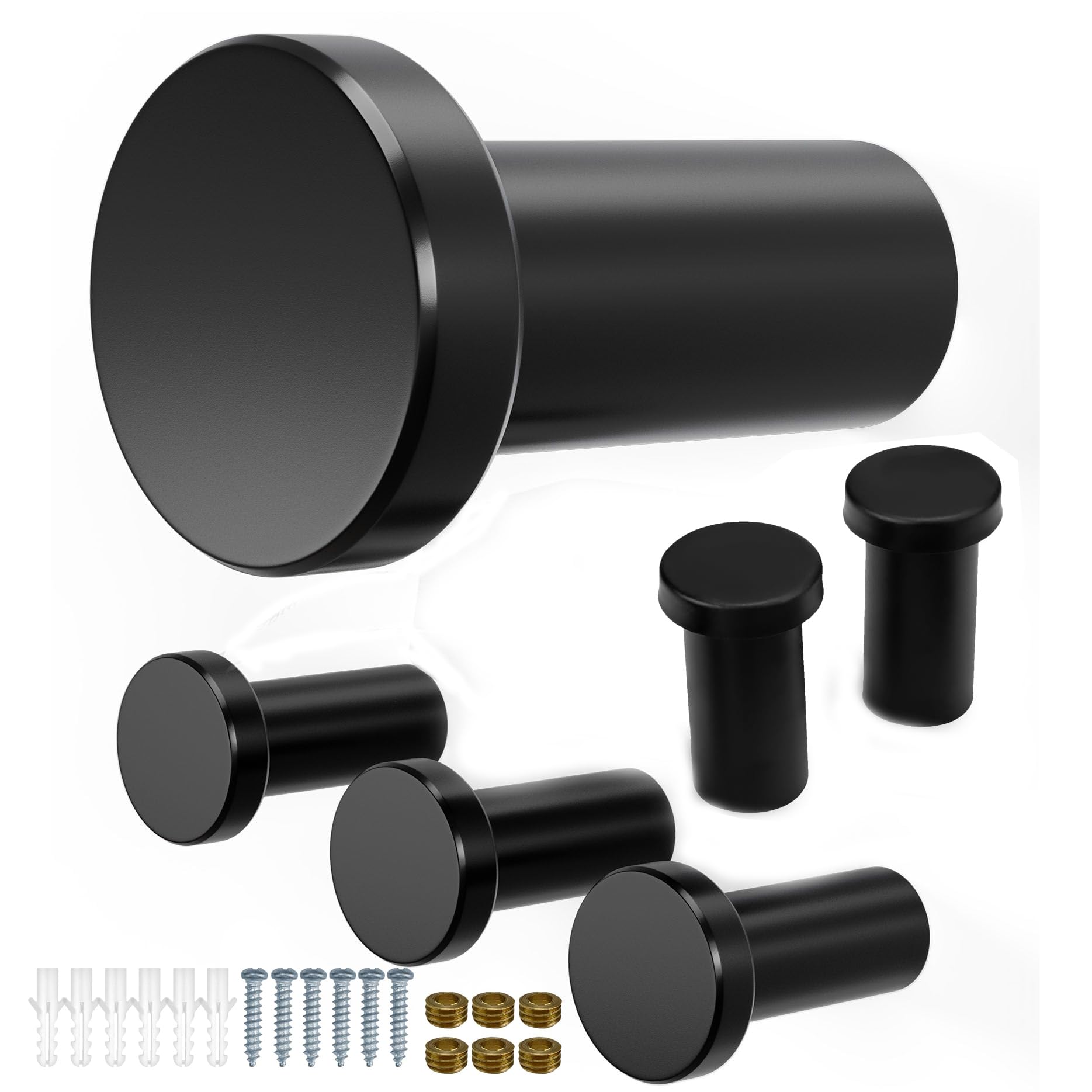 Semazz Black Round Wall Hooks, 6 Pcs, Stainless Steel, SUS304, Cylindrical Hooks for Hanging Towels, Clothes, Keys, Bathroom, Bedroom, Heavy Duty