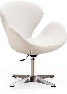 Manhattan Comfort Raspberry White Faux Leather Swivel Accent Chair - Adjustable Height, 360° Spin, Retro Chrome Base
