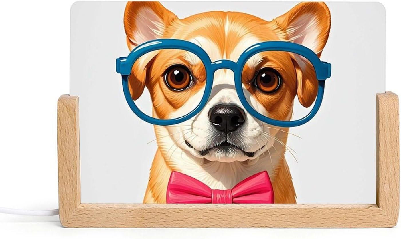 Night Light Acrylic Night Lights with USB Cables Pet Dog Soft Bow Tie, Oversized Glasses Acrylic Display Boards with Wooden Light Base Dimmable Night Lights for Home Bar Cafe Office 10.3x15.5cm
