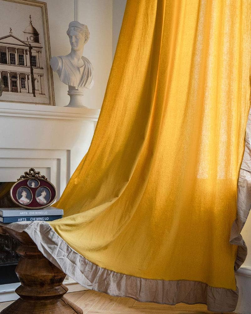 vctops Farmhouse Ruffle Curtains Room Darkening Cotton Rod Pocket Window Curtain Panel for Living, Dining Room, Bedroom, 1 Piece (Yellow,59"x63")