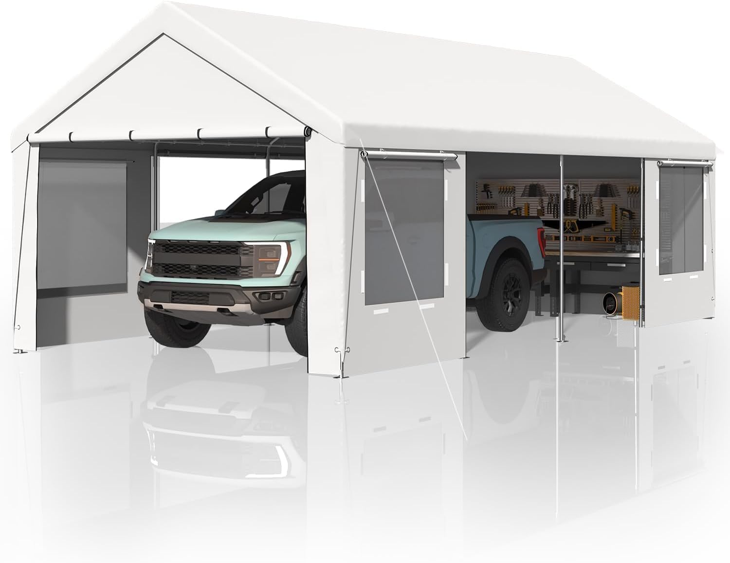EROMMY Carport, 12x24 Ft Heavy Duty Carport with Roll-up Windows，Portable Garage with Removable Sidewalls, Car Canopy with Sandbags and All-Season Tarp for Tractor, Truck, Boat, White