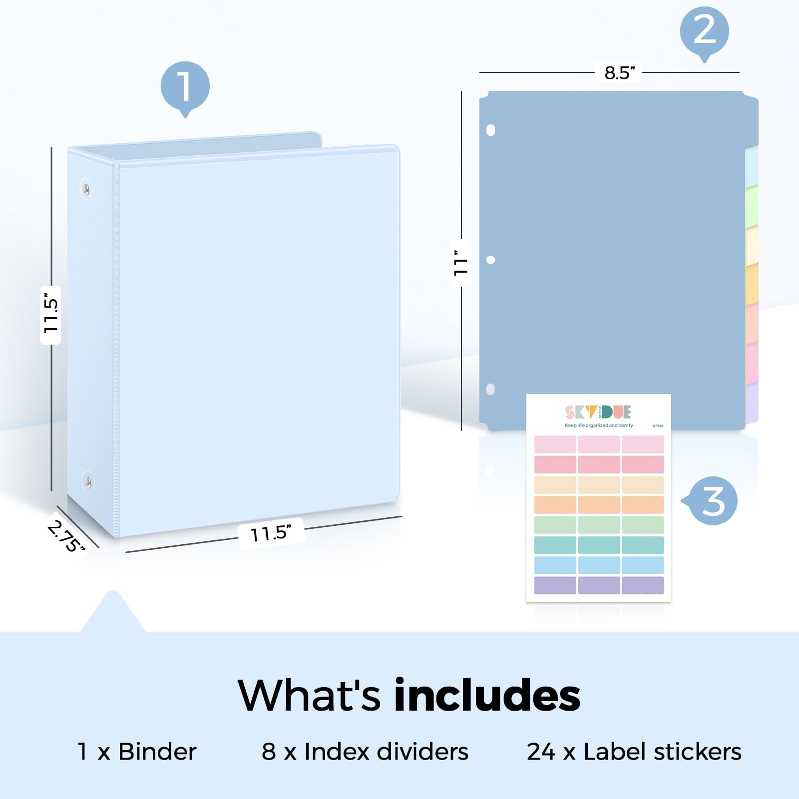 SKYDUE Classeur à 3 anneaux de 5,1 cm avec 8 intercalaires et 24 étiquettes, organiseur de classeur pastel de grande capacité pour papier de format lettre, classeur scolaire esthétique pour documents
