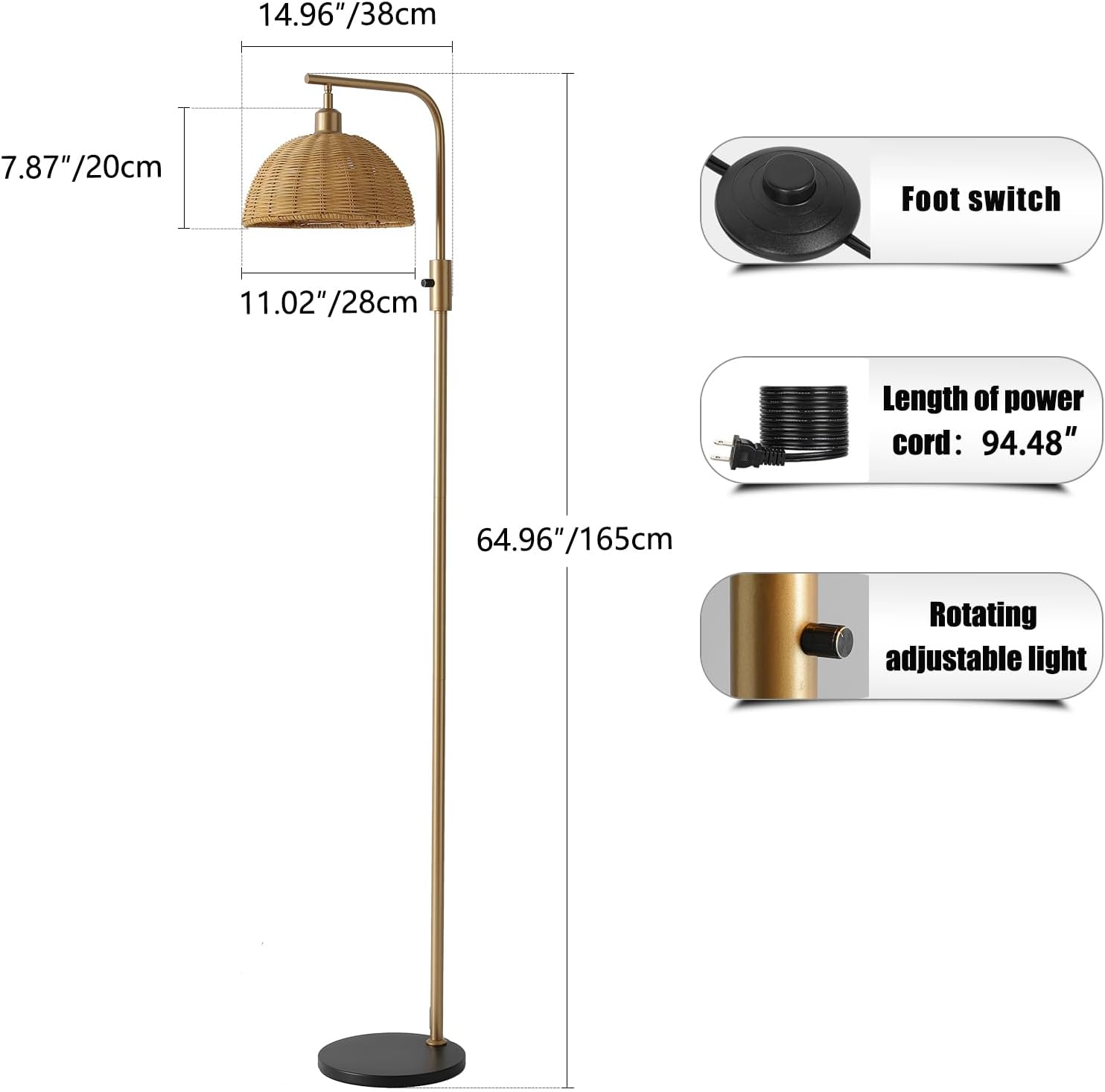 Boho Floor Lamp for Living Room: Rattan Floor Lamp for Bedroom - Gold Standing Lamp with Dimmable Tall Lamp,No Bulb