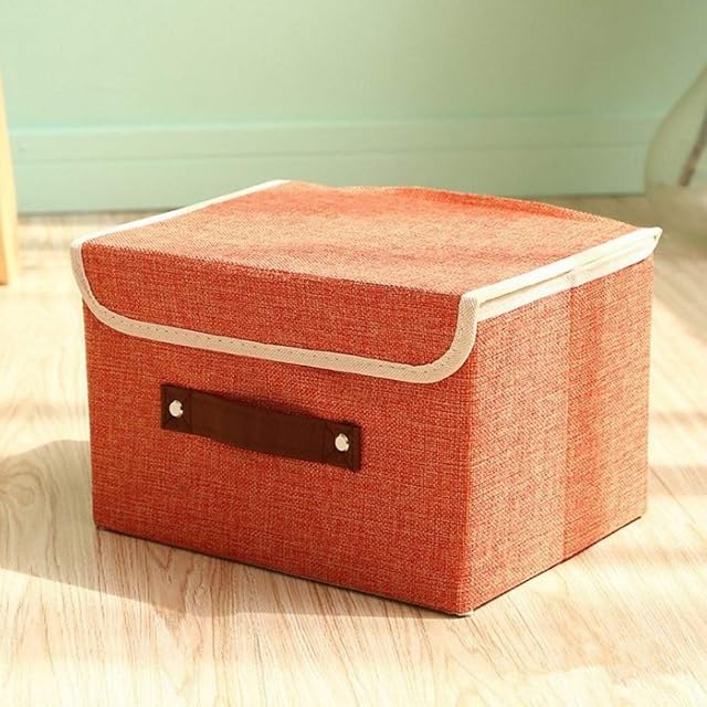 Zoomlie Storage Boxes, Cotton Fabric Storage Bin, Storage Basket with Lid, Clothes Container Blanket, for Books Toys DVDs Art and Craft, 2 Sizes-small, Orange