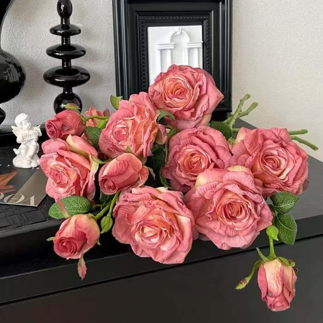 Artificial Vintage Realistic Roses for Home, Real Touch Silk Rose, Realistic Blossom Roses for DIY Bridal Wedding Table Party Floral Bouquets Decoration (4ps,12Heads)
