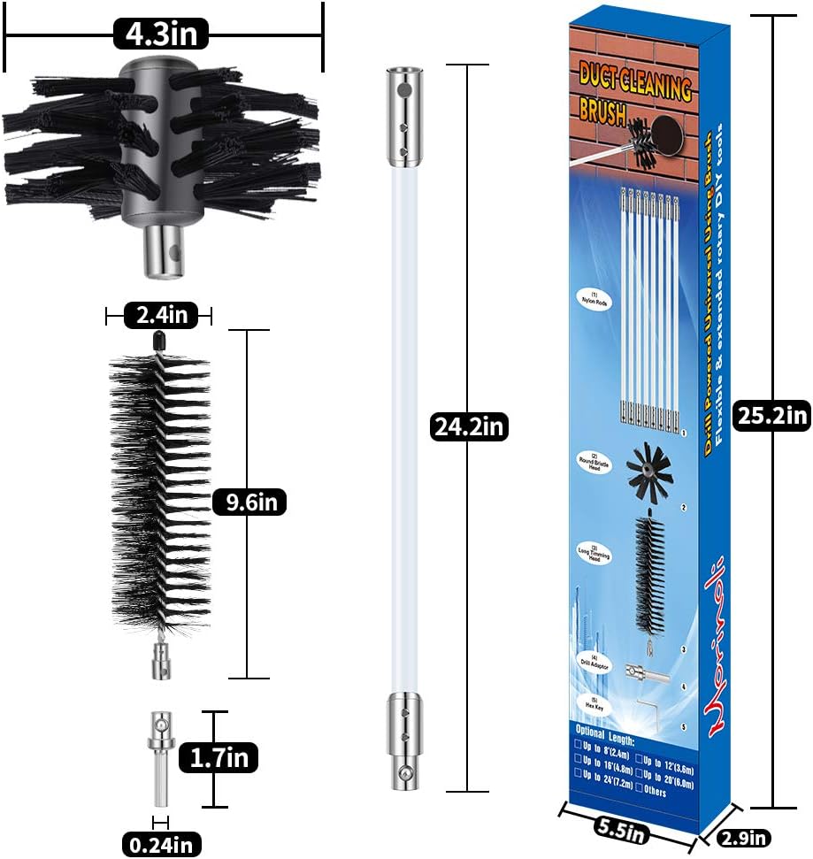 Morinoli 16 Feet Dryer Vent Cleaning Kit, Chrome Button Locking System, Extends Up To 16 Feet, Lint Remove, Dryer Duct Cleaning Kit, Dryer Vent Cleaner Kit with Bonus Drill Attachment, Lint Trap Brush