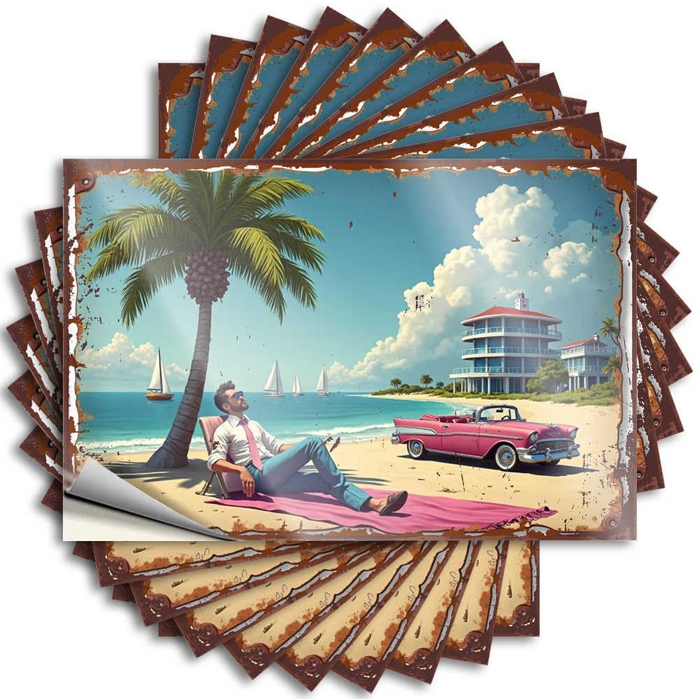 Bumper Hard New Relaxing Beach Scene with Vintage Car and Palm Tree for Christmas - Fall Easy Peel Removable(12X18CM)