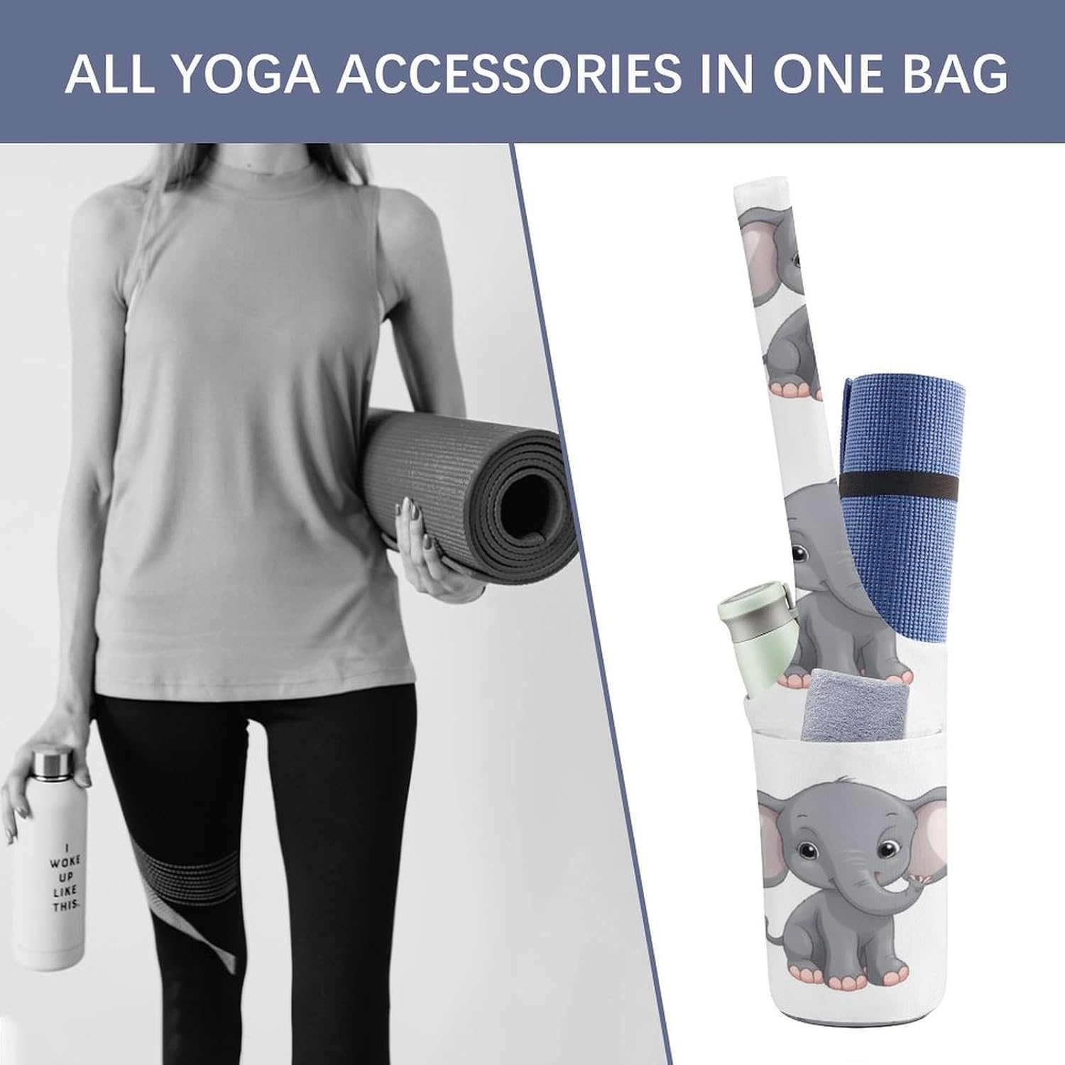 Cute Cartoon Elephant Printed Yoga Mat Bag Long Tote with Pockets for Your Yoga Accessories Exercise Yoga Mat Carrier Holder Multi-Functional Storage Bag Holds Most Pilates Mats image 4