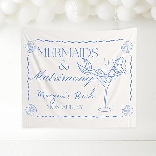 CUTHOR Personalized Mermaids and Matrimony Bachelorette Tapestry Coastal Beach Party Decoration with Martini and Seashell Theme Wall Hanging for Bride Squad Ocean Vibes Girls Weekend Bridal Shower