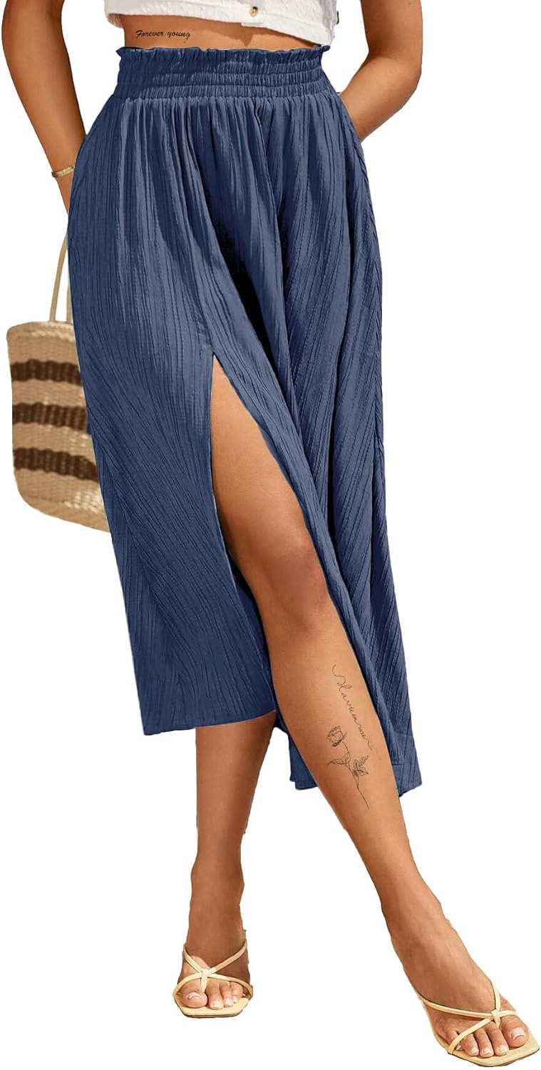 Avanova Women Slit Split High Waist Pleated Long Skirt Elastic Flowy Midi Skirt - Image 4