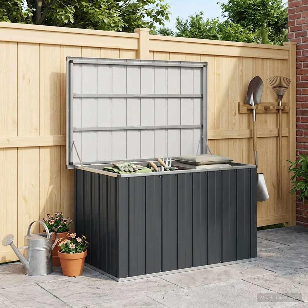 Gartenbox Anthrazit aus verzinktem Stahl 109x67x65 cm mit wasserdichtem Deckel und Klappfunktion, wetterfeste Aufbewahrungsbox für Kissen, Polster, Werkzeuge, Terrasse, Balkon