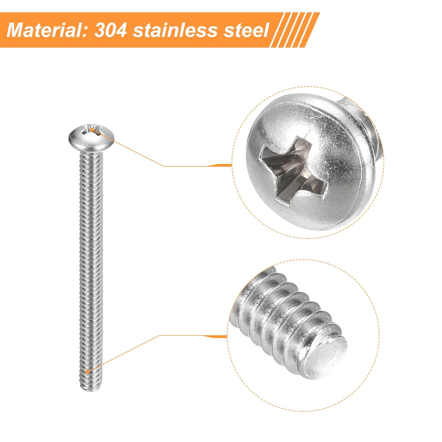 uxcell #10-24x3 Pan Head Machine Screws, 304 Stainless Steel Screw, Phillips Drive, Fully Threaded, Bright Finish, Pack of 50