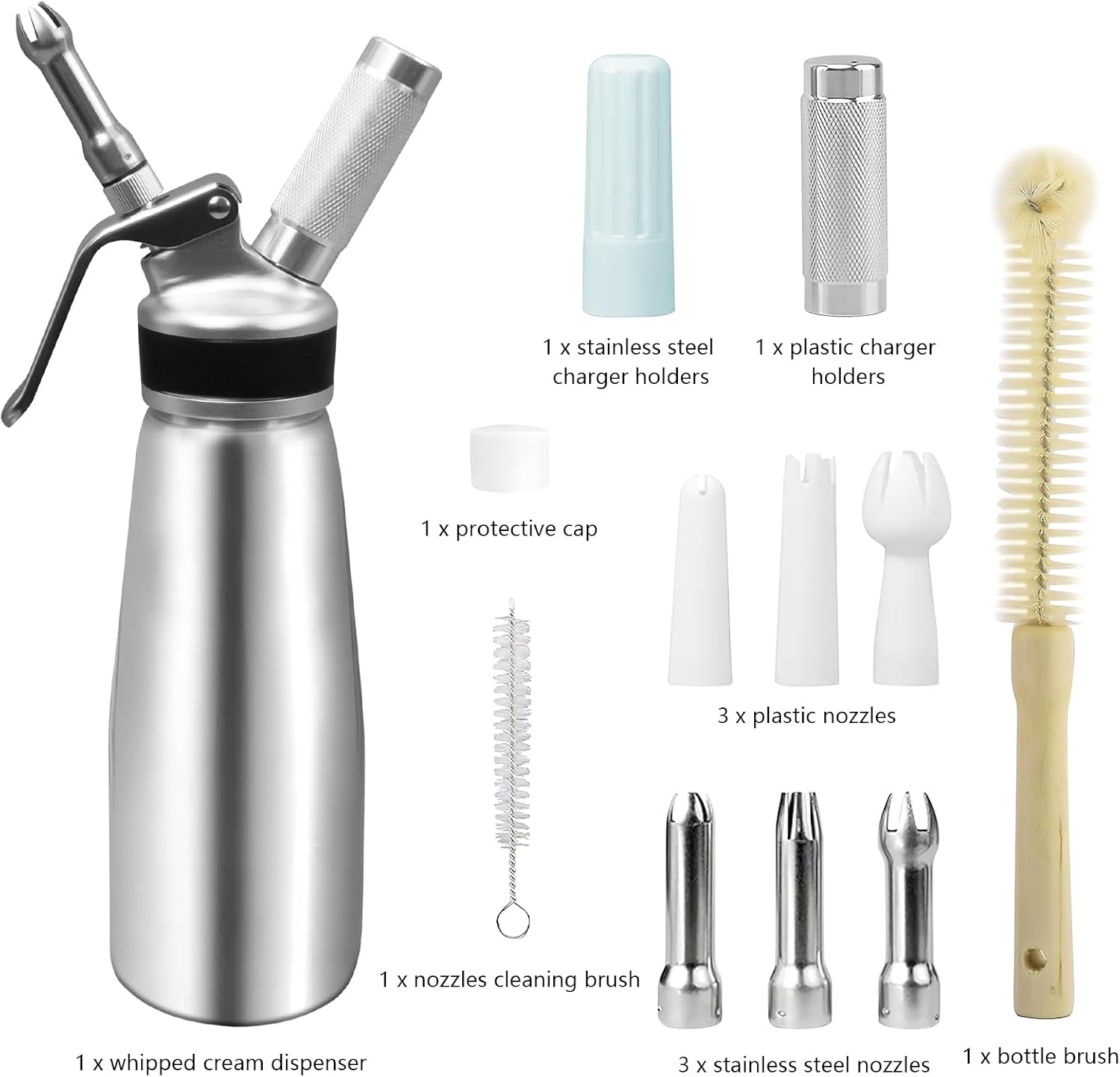 500ml Whipped Cream Dispenser, 1 Pint Aluminum Cream Whipper | With Decorating Nozzles and Cleaning Brush for Desserts, Cakes, Coffee, Sauces and 8g N2O Chargers Not Included