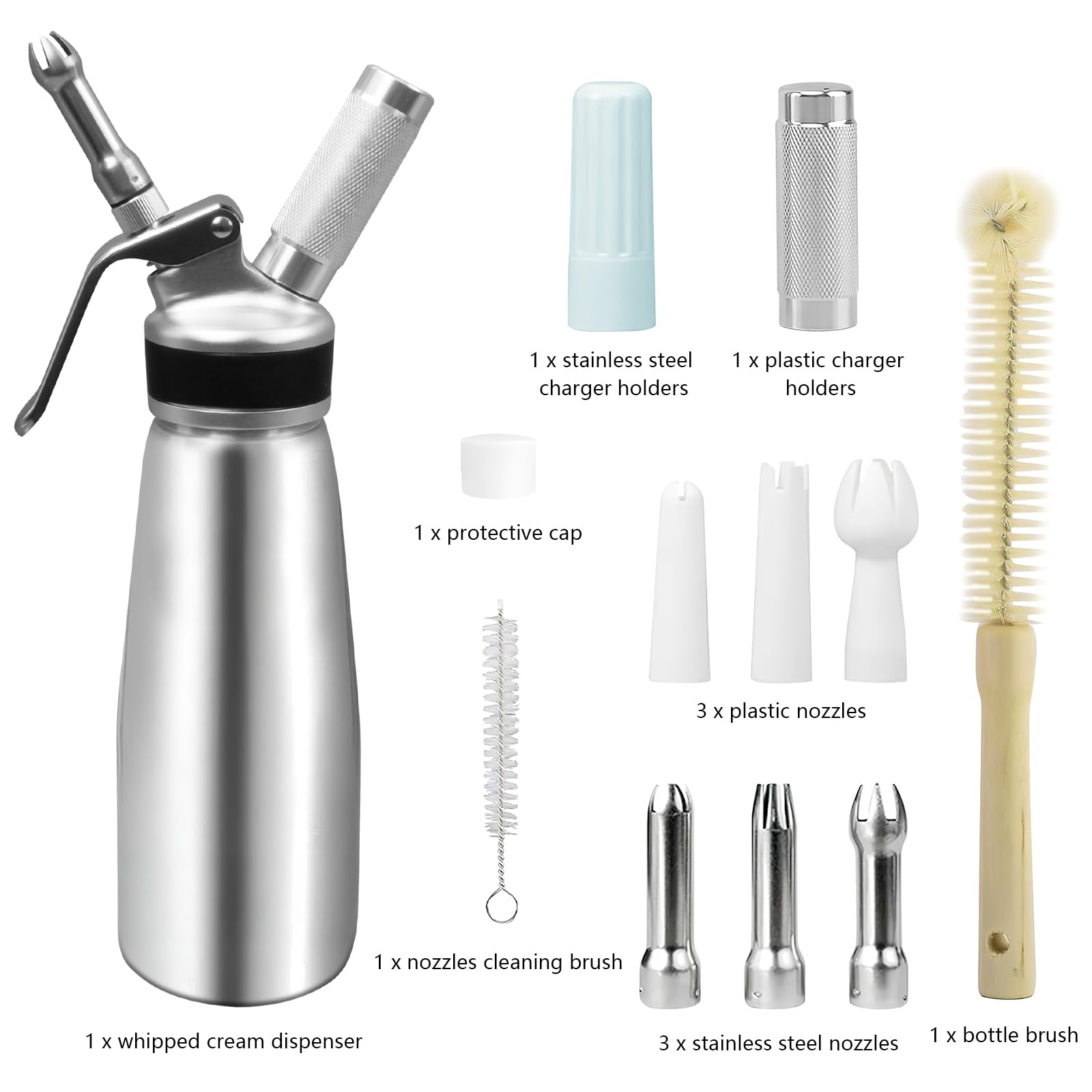 Sahnespender 500 ml aus Aluminium, Sahnebereiter mit 6 Dekordüsen, Schutzkappe und Reinigungsbürsten, Auslaufsicherer Sahnesiphon für Desserts und Kaffee