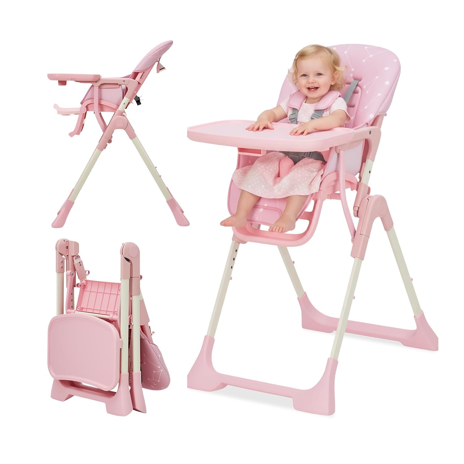 Baby High Chair, Foldable Feeding Chairs for Babies and Toddlers, Adjustable Height/Backrest/Footrest, Removable Tray, Fast Folding Pink