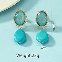 Vista 5 de Pendientes colgantes de turquesa de estilo vintage, cristal facetado ovalado, ajuste de corona dorada