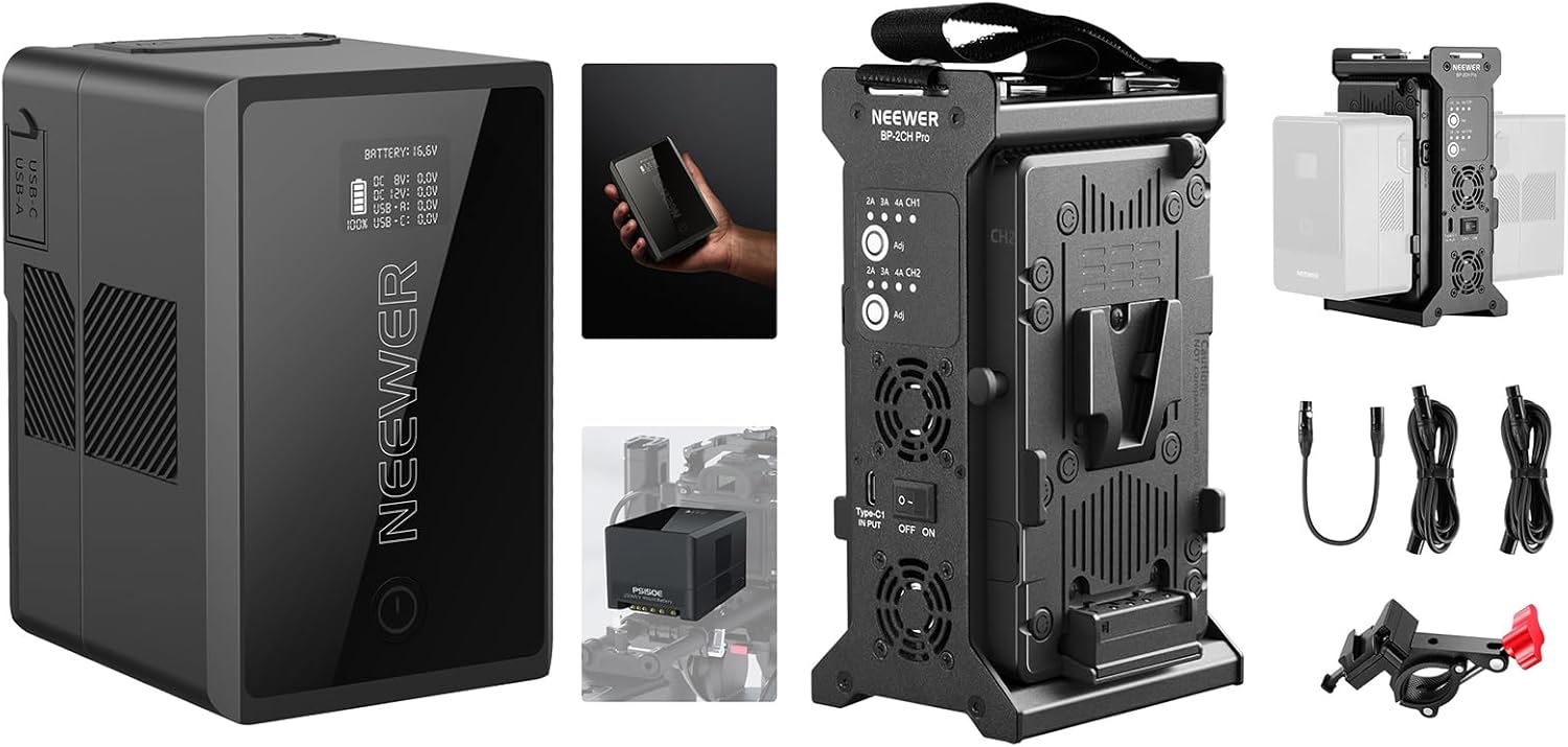 Neewer V Mount Battery PS150E Supports 100W PD USB C Fast Charging, 10350mAh 150Wh 14.54V, with D Tap/USB C/USB A/BP/Dual DC Ports/OLED Screen, V Mount Battery Charger Dual Channel Included