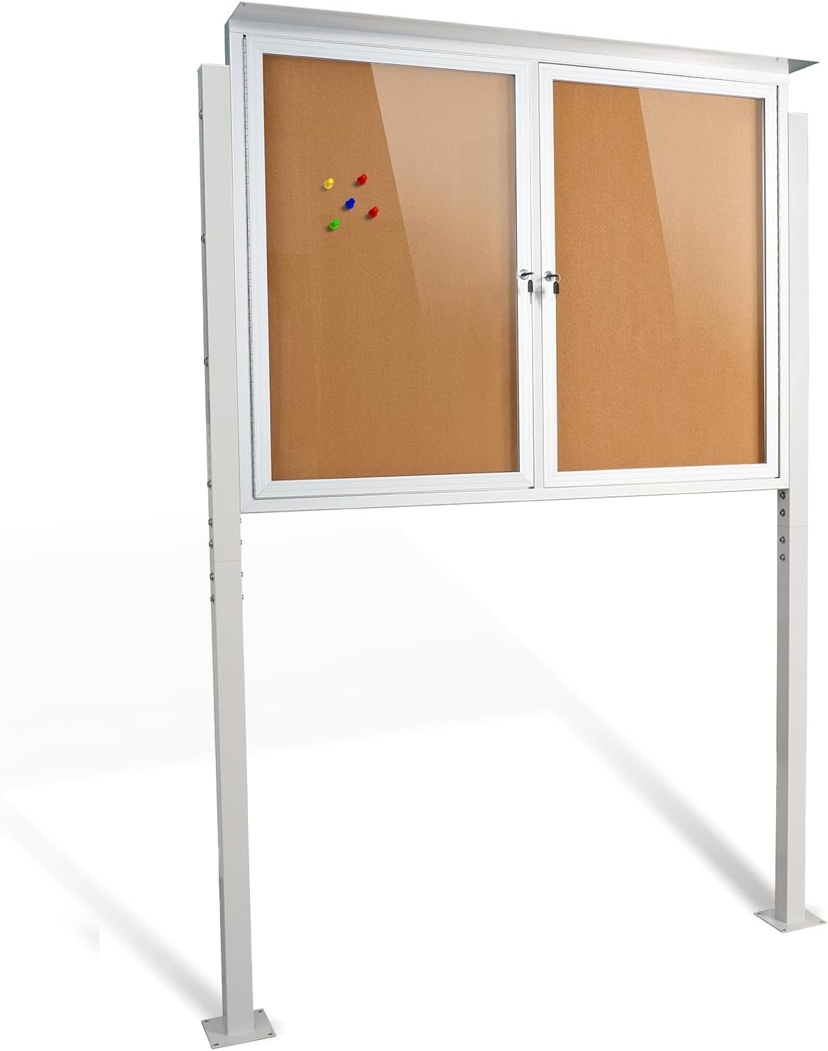 Outdoor Standing Enclosed Bulletin Board - 48" x 36" Weatherproof Notice Board with Lock & Key, Heavy-Duty Bolted Aluminum Post Display Case, Self-Healing Cork Background for School, Church, Community