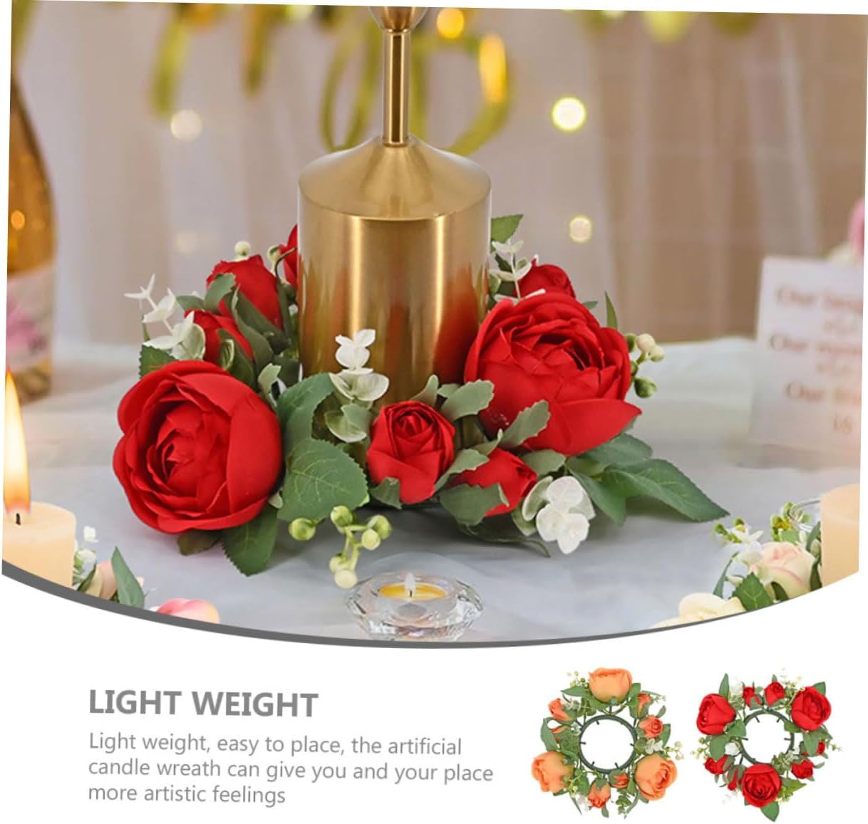 Zerodeko 2Pcs Artificial Flower Candle Rings Elegant Centerpiece Wreaths for Wedding Valentine Day and Party Decorations and Colors for Festive Atmosphere