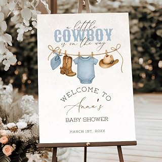 Cowboy Baby Shower Welcome Sign Template, A Little Cowboy Is On the Way Sign, Dusty Blue Boy Baby Shower Welcome Poster, Clothesline Personalized Poster
