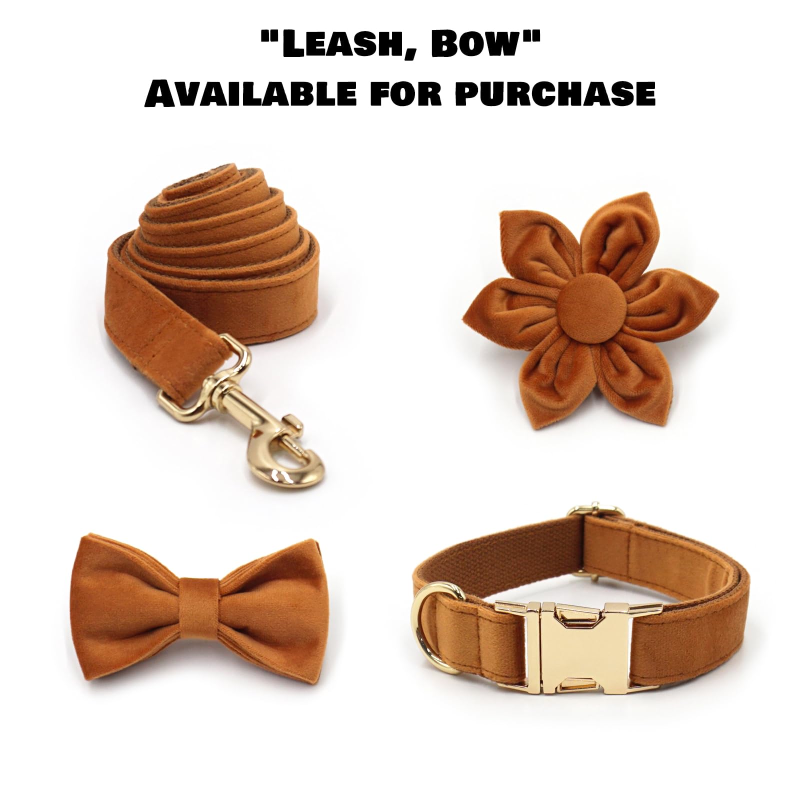 Samt-Hundehalsband mit Namen, personalisierbar, mit Schnellverschluss-Metallschnalle, Leine und Fliege erhältlich (Braun, M)