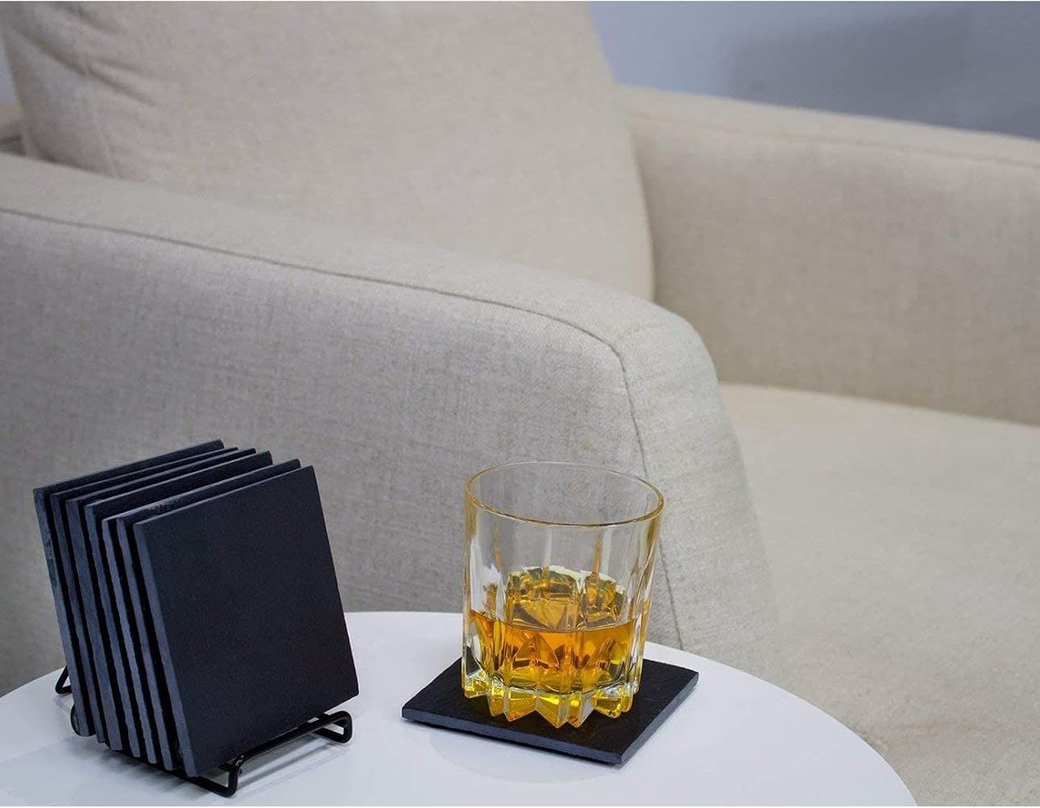 Juvale Square Black Slate Coasters Set - Coffee Table Protection & Decor - Smooth Edge Absorbent Slate Drink Coasters - Holder Included - 4 x 4 Inches, Pack of 8 - Image 3
