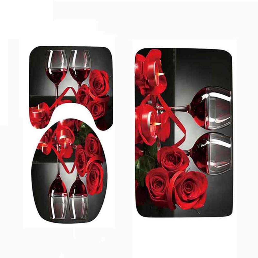 Hankyky Red Wine Glass Rose Printed Shower Curtain Set Shower Curtain Set,Bathroom Mat Non Slip,Polyester Durable Waterproof Shower Curtain with 12 Hooks Wedding Decoration
