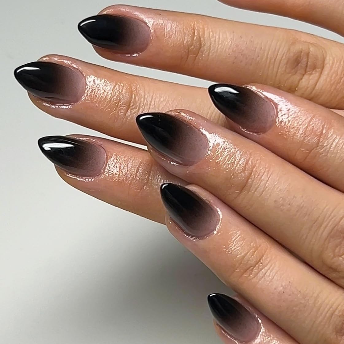 French Black Press on Nails Short Almond Nails Glue on, SXVME Ombre Short Fake Nails Press ons, Acrylic False Nails Handmade of Gel, Thick Natural Almond Nails for Big & Petite Fingers, 30 Pcs