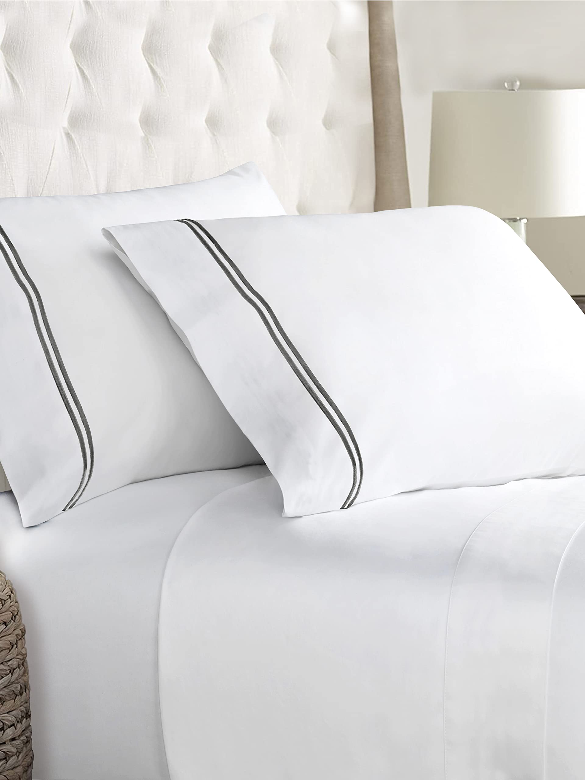 LINENWALAS 400 TC White Bedsheet Cotton with 2 Marrow Embroidery Pillow Covers|Softest Long Staple 100% Cotton Silky Soft - King (108"x108") - Silver Marrow Embroidery-image-41