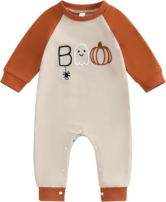 Newborn Infant Baby Boy Girl Halloween Outfit Boo Embroidery Romper Long Sleeve Jumpsuit Bodysuit Cute Fall Clothes