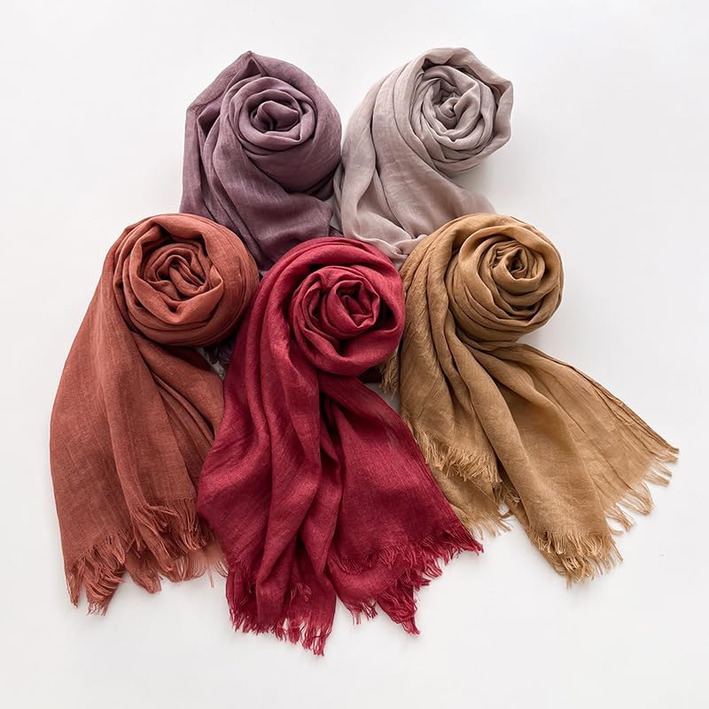 Solid color cotton and linen scarf, wrinkled all season versatile long sunscreen fashionable shawl - Image 5