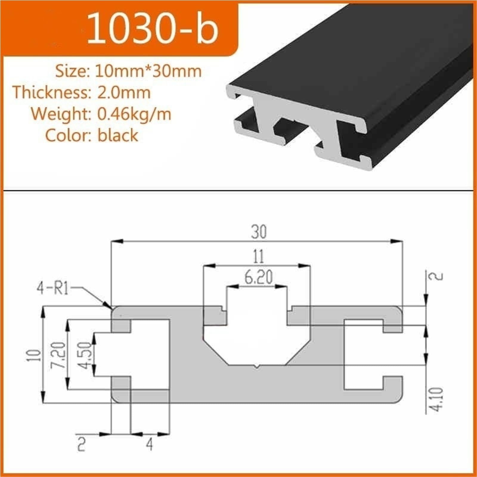 Perfil de aluminio negro 1030 tipo H, 10 x 30 mm, riel de extrusión, ranura de 6,2 mm, marco de riel lineal for carcasa de computadora, muebles de bricolaje Marco(850mm 33.46" long)