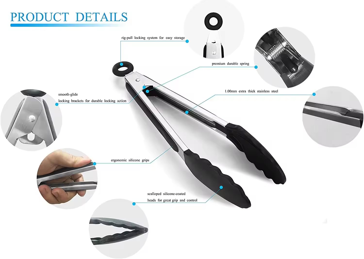 Yin-Yang Premium Kitchen Food Tongs, Silicone & Stainless Steel, Food Serving, Barbercue Salad Clips with Locking, Heat Resistant, Easy to Clean, Non Scratch Silicone, Set of 2 | White 9