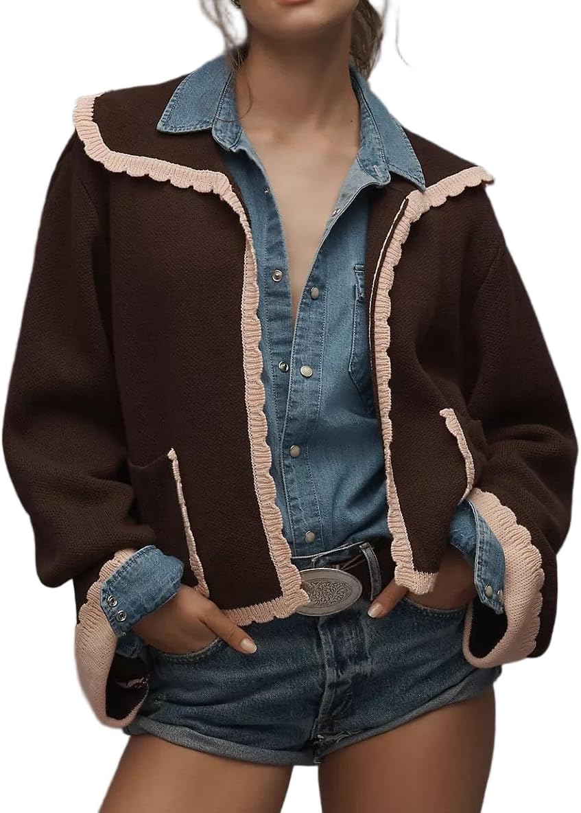 VAOYIU Contrast Trim Scalloped Knit Jacket Womens Cropped Collared Coat with Retro Charm Versatile Styling All Match