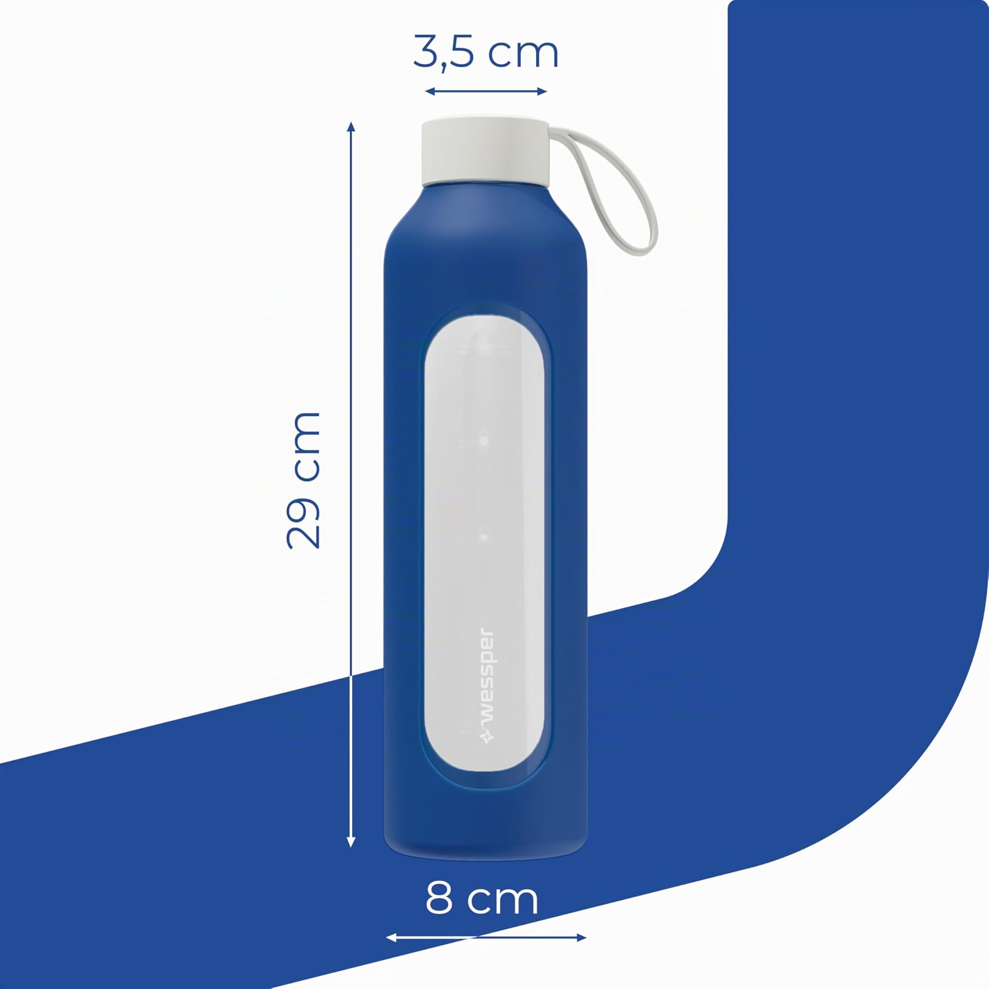 Wessper Botella de Agua Cristal, Botella 1 Litro Motivadora con Escala de Hidratación, Botellas de Vidrio Borosilicato con Funda de Silicona, Material Seguro sin BPA - Azul