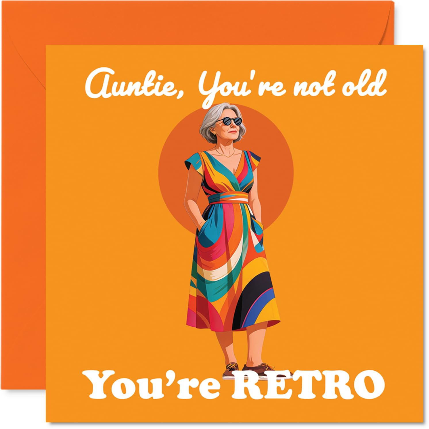 Playful Birthday Card for Auntie - Not Old, Just Fabulously Retro - Stylish Auntie Illustration in Vibrant Colours - 145mm Square, Envelope Included