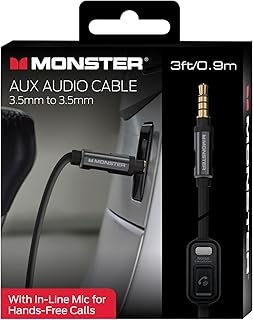 Monster 3ft Auxiliary Audio Cable with Hands-Free Mic, (Stereo), Smartphone Compatible, Built-in Buttons, Premium Metal Housings, Protective Cable Jacket with Dual-Layer Shielding, Black