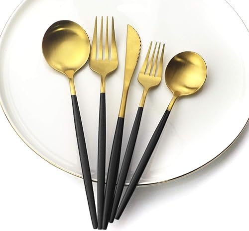 Miniatura 2 de Juego de cubiertos de 30 piezas de cubiertos de acero inoxidable mate de oro negro para 6, incluye cuchara tenedor y cuchillo, acabado satinado,